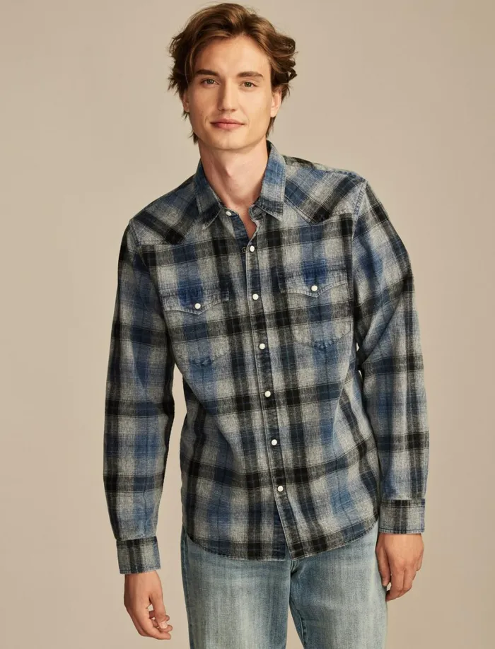 Lucky Brand ButtonDowns Men Indigo Plaid Western Long Sleeve Shirt Indigo Blue Plaid