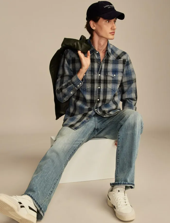 Lucky Brand ButtonDowns Men Indigo Plaid Western Long Sleeve Shirt Indigo Blue Plaid