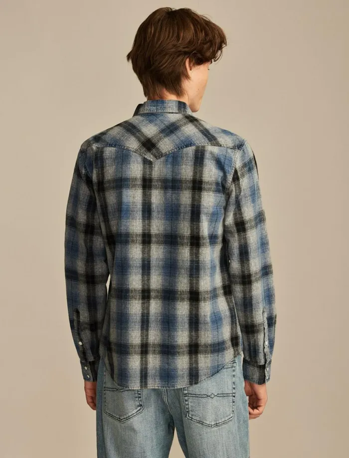 Lucky Brand ButtonDowns Men Indigo Plaid Western Long Sleeve Shirt Indigo Blue Plaid