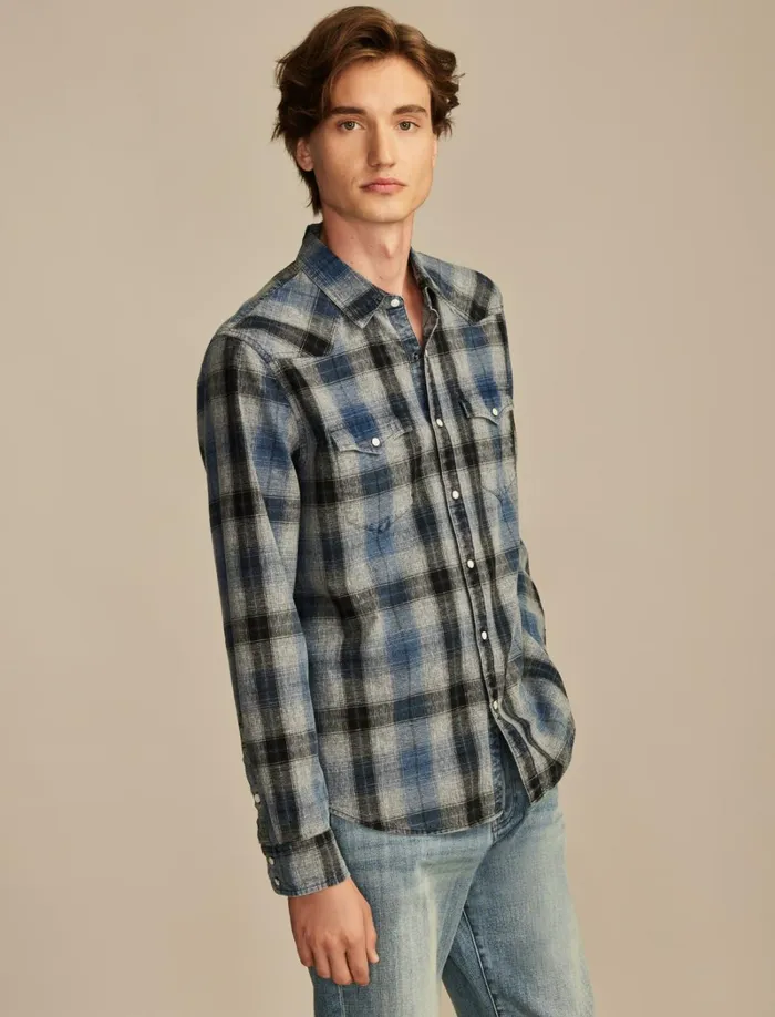 Lucky Brand ButtonDowns Men Indigo Plaid Western Long Sleeve Shirt Indigo Blue Plaid