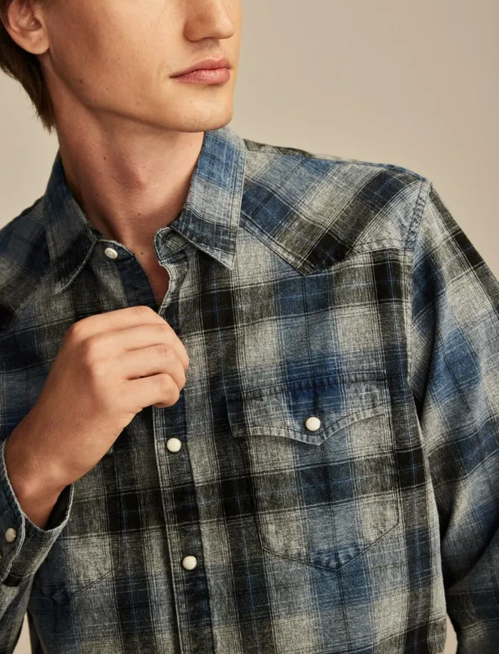 Lucky Brand ButtonDowns Men Indigo Plaid Western Long Sleeve Shirt Indigo Blue Plaid
