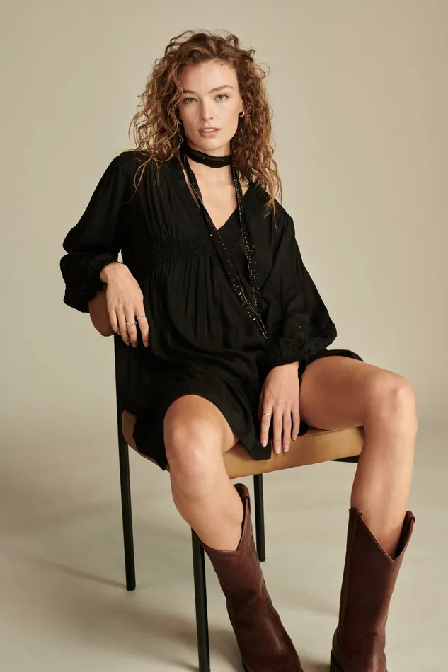 Lucky Brand Dresses Women Cutwork Long Sleeve Mini Dress Caviar