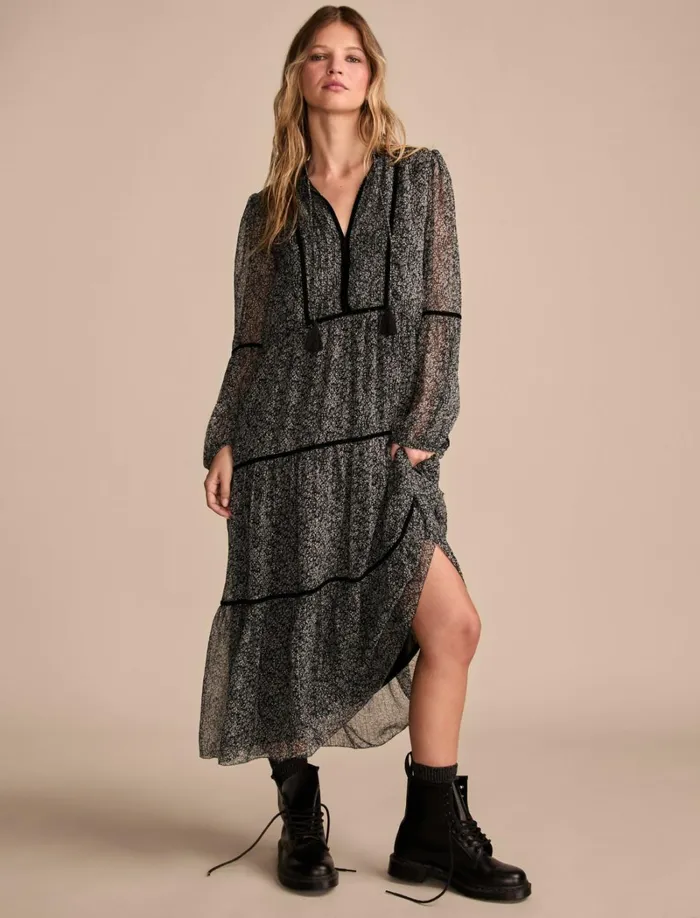 Lucky Brand Dresses Women Printed Shine Chiffon Maxi Dress Black Ditsy