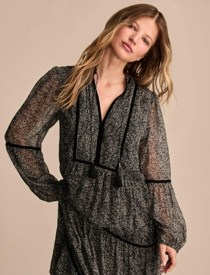 Lucky Brand Dresses Women Printed Shine Chiffon Maxi Dress Black Ditsy