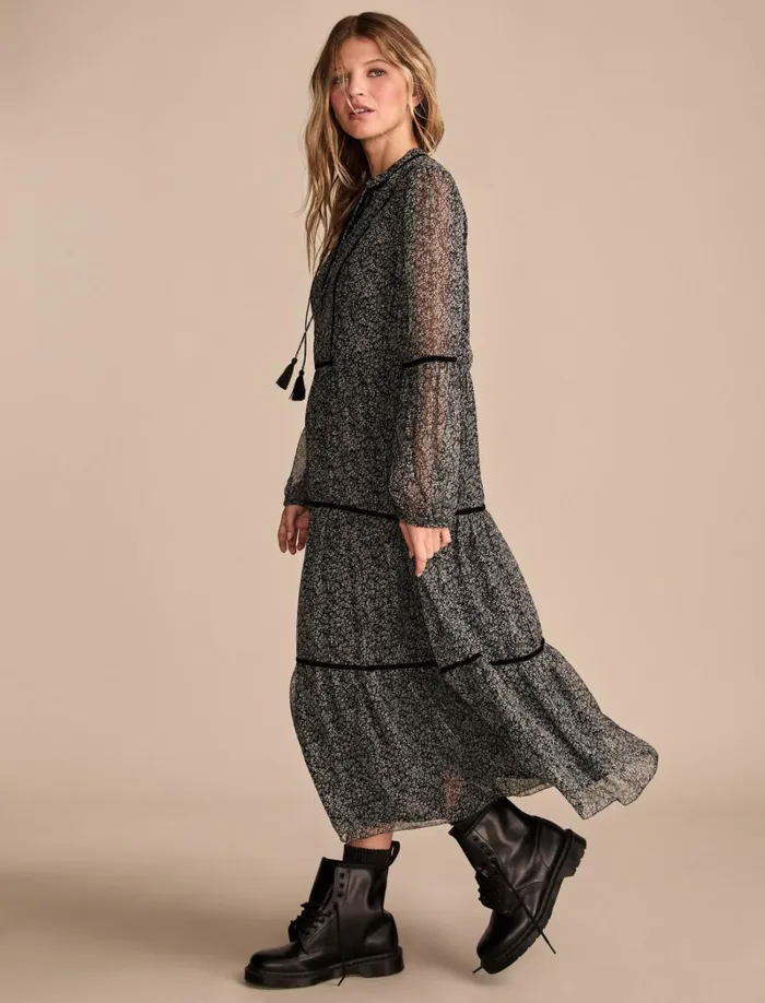 Lucky Brand Dresses Women Printed Shine Chiffon Maxi Dress Black Ditsy