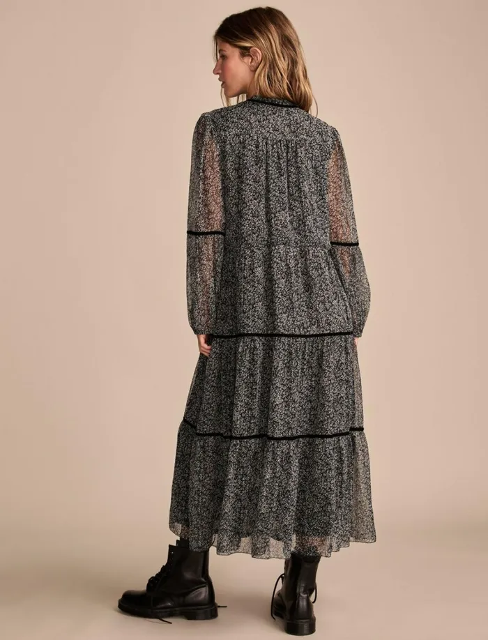 Lucky Brand Dresses Women Printed Shine Chiffon Maxi Dress Black Ditsy