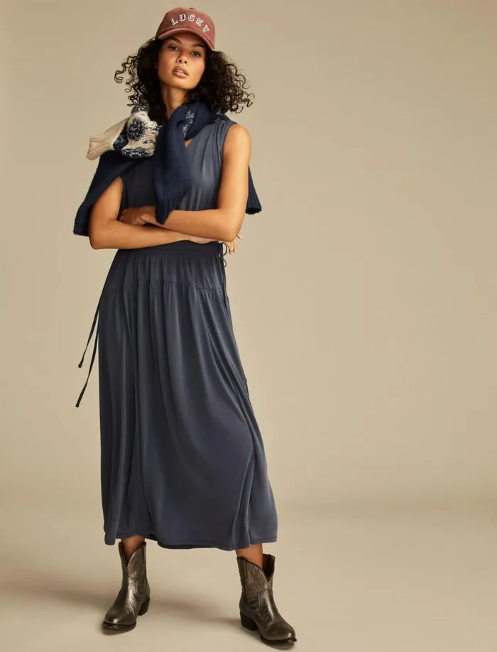 Lucky Brand Dresses Women Sandwash Ruched Dress Blue Nights