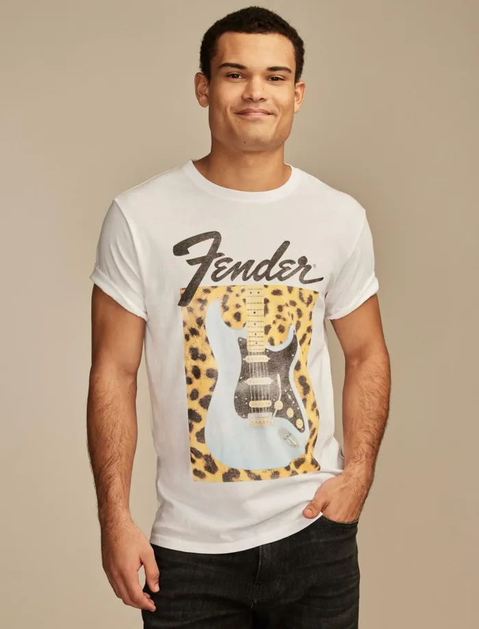 Lucky Brand Graphic Tees Men Fender Leopard Marshmallow