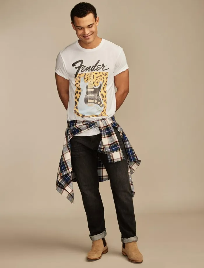 Lucky Brand Graphic Tees Men Fender Leopard Marshmallow