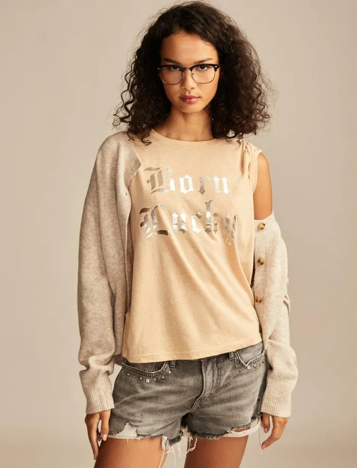 Lucky Brand Graphic Tees Women Born Lucky Classic Crew Sand