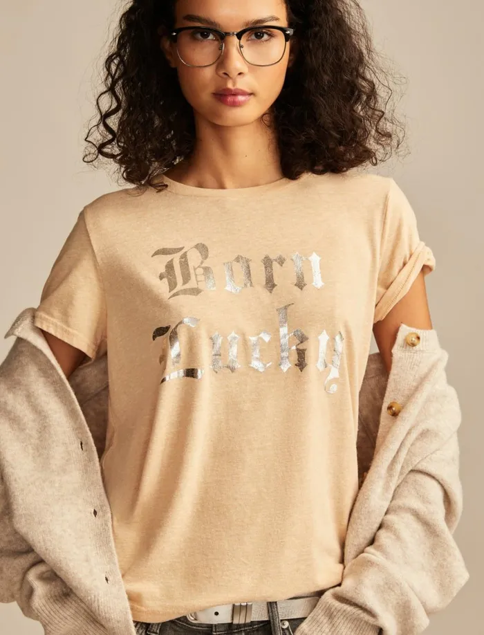 Lucky Brand Graphic Tees Women Born Lucky Classic Crew Sand