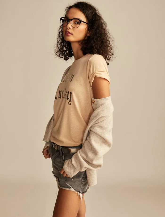 Lucky Brand Graphic Tees Women Born Lucky Classic Crew Sand