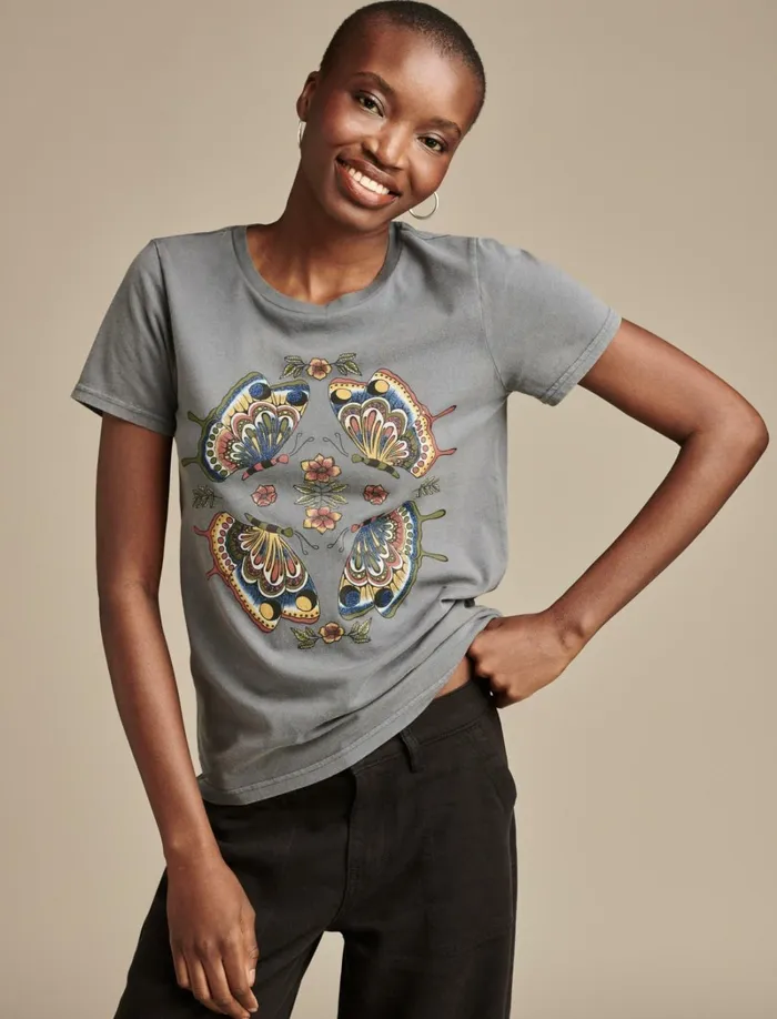 Lucky Brand Graphic Tees Women Butterfly Mirror Classic Crew Dark Slate