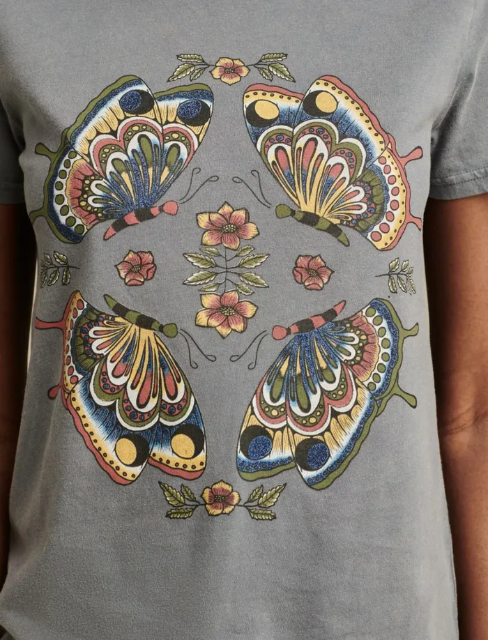 Lucky Brand Graphic Tees Women Butterfly Mirror Classic Crew Dark Slate