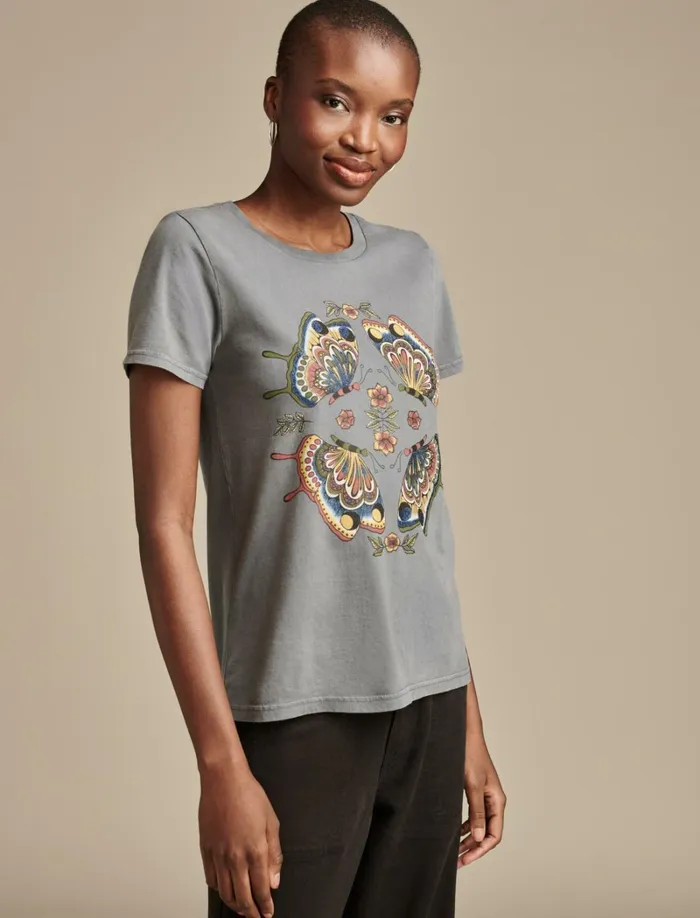 Lucky Brand Graphic Tees Women Butterfly Mirror Classic Crew Dark Slate