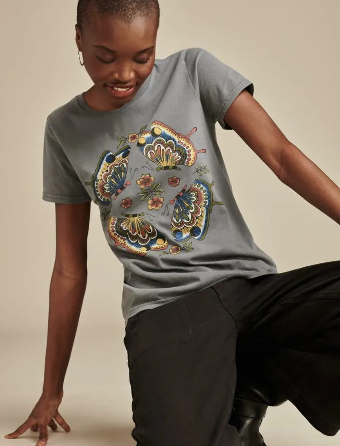 Lucky Brand Graphic Tees Women Butterfly Mirror Classic Crew Dark Slate