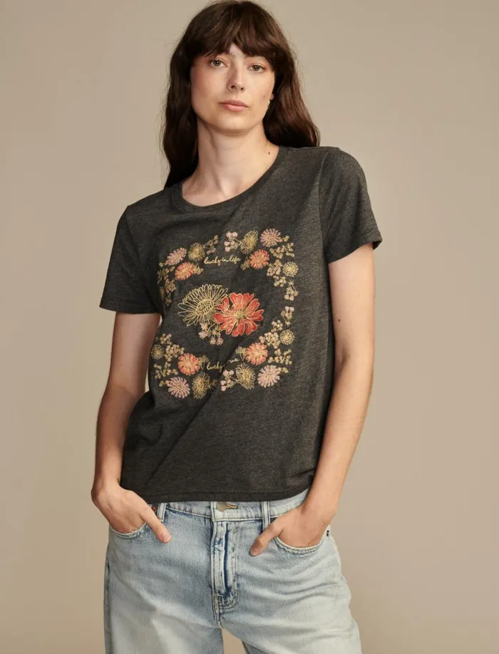 Lucky Brand Graphic Tees Women Floral Embroidery Charcoal Heather Grey
