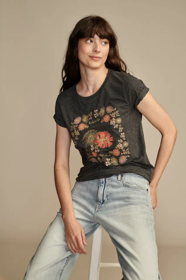 Lucky Brand Graphic Tees Women Floral Embroidery Charcoal Heather Grey