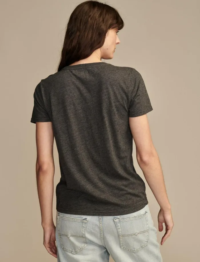 Lucky Brand Graphic Tees Women Floral Embroidery Charcoal Heather Grey