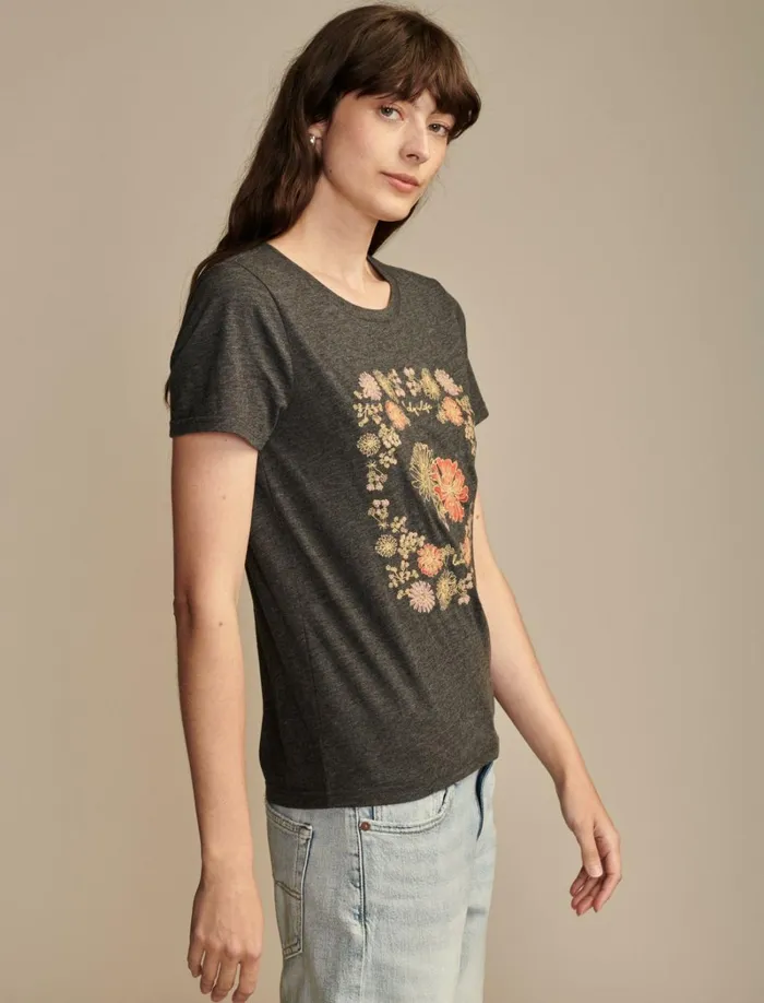 Lucky Brand Graphic Tees Women Floral Embroidery Charcoal Heather Grey