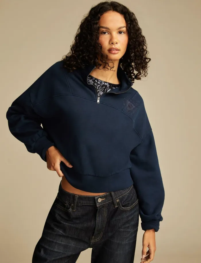 Lucky Brand Graphic Tees Women Half Zip Lucky Fleece Black Iris