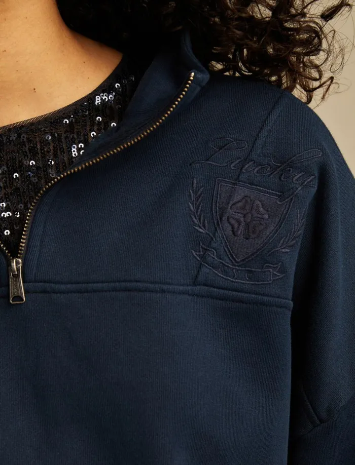 Lucky Brand Graphic Tees Women Half Zip Lucky Fleece Black Iris