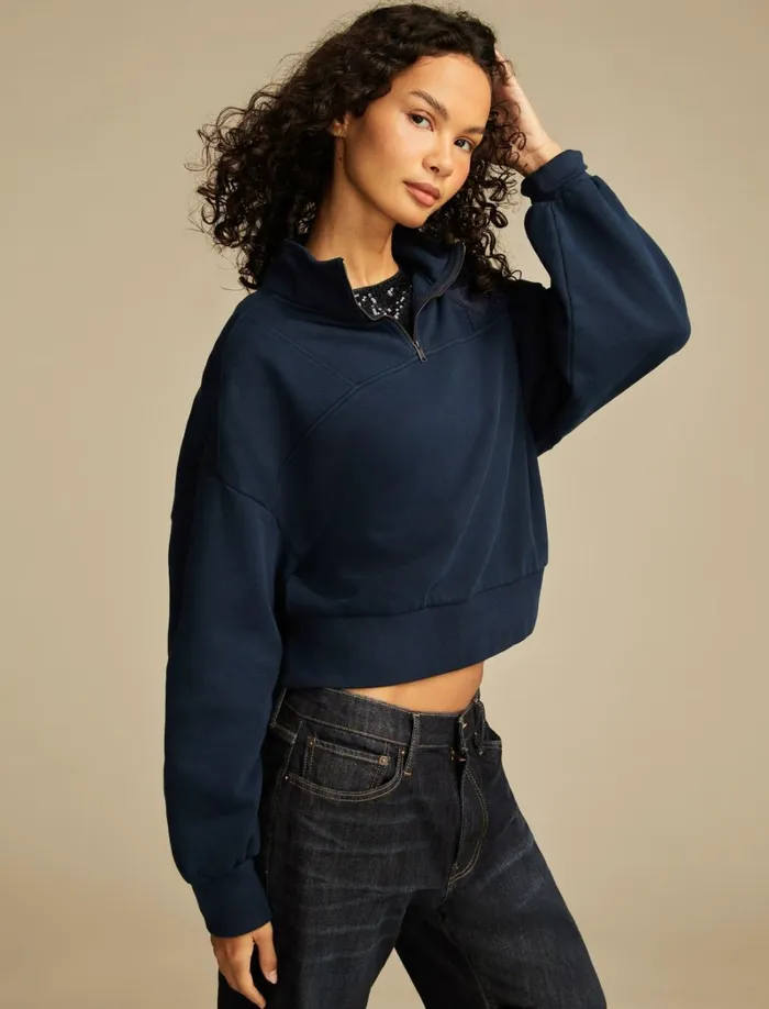 Lucky Brand Graphic Tees Women Half Zip Lucky Fleece Black Iris