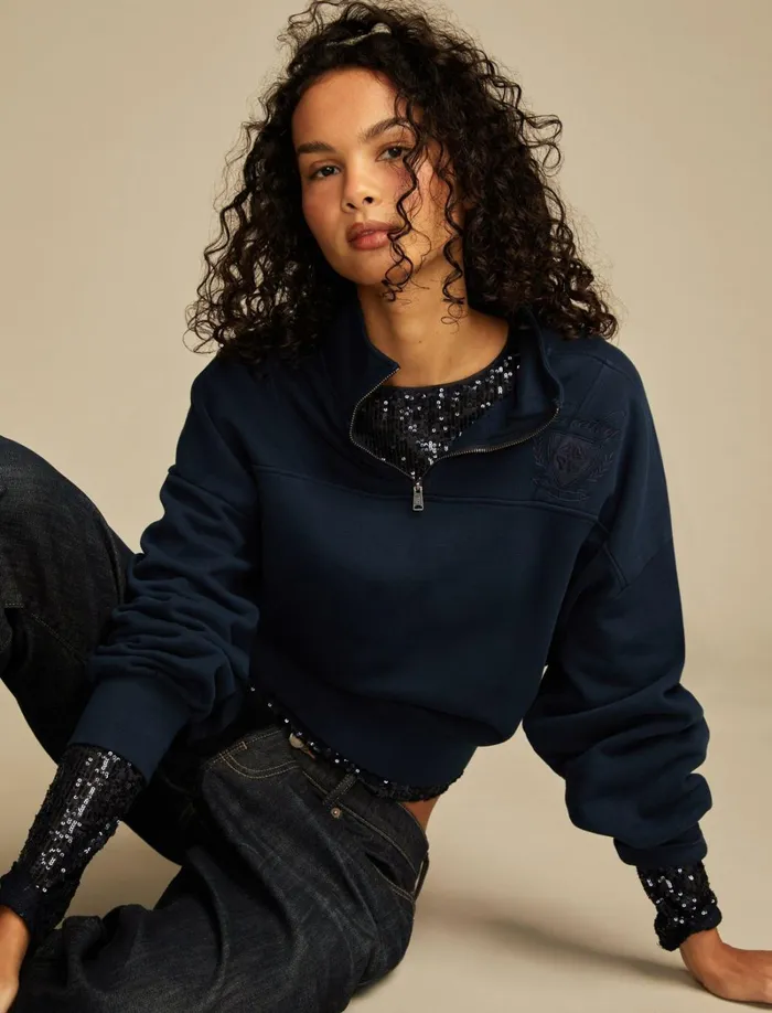 Lucky Brand Graphic Tees Women Half Zip Lucky Fleece Black Iris