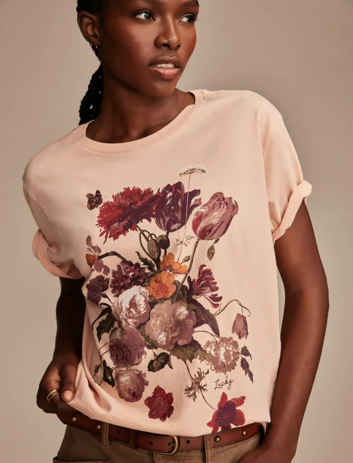 Lucky Brand Graphic Tees Women Heritage Bouquet Boyfriend Tee Mahogany Rose