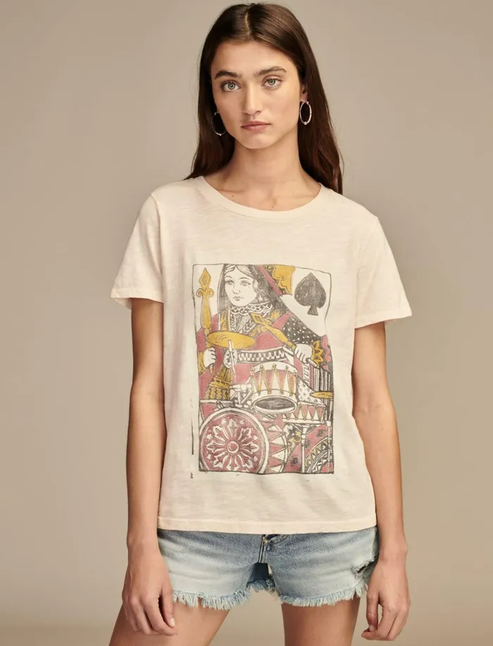 Lucky Brand Graphic Tees Women Queen Of Spades Classic Crew Soft Pink
