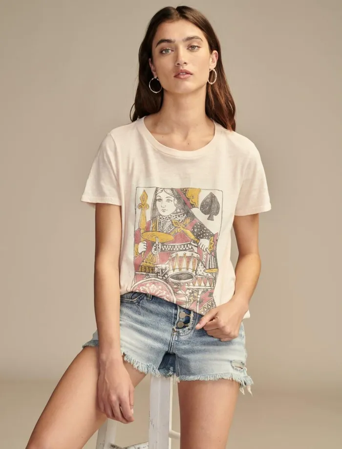 Lucky Brand Graphic Tees Women Queen Of Spades Classic Crew Soft Pink