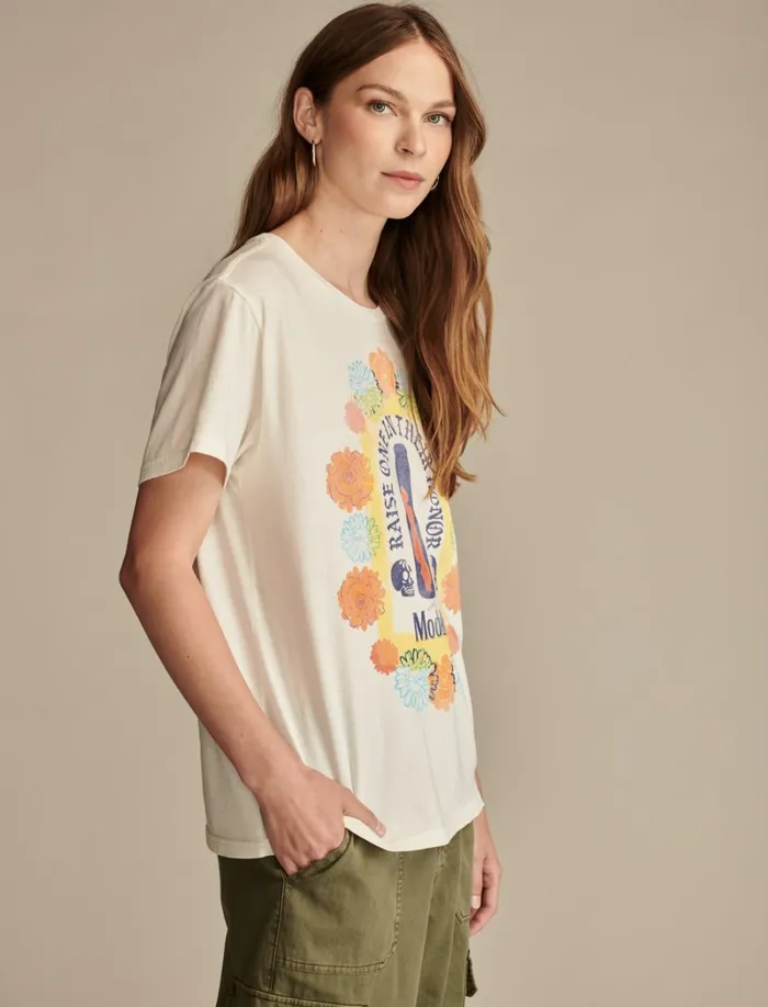 Lucky Brand Graphic Tees Women Raise One In Their Honor Boyfriend Tee Snow White