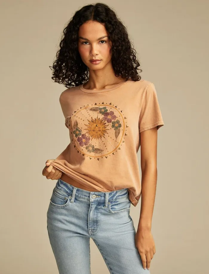 Lucky Brand Graphic Tees Women Studded Sun Floral Classic Crew Camel