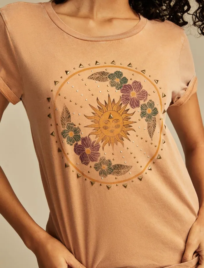 Lucky Brand Graphic Tees Women Studded Sun Floral Classic Crew Camel