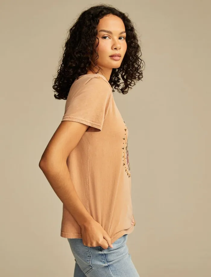 Lucky Brand Graphic Tees Women Studded Sun Floral Classic Crew Camel