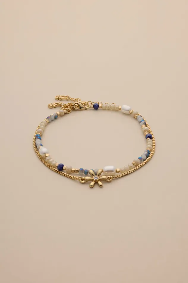 Lucky Brand Jewelry Women Beaded And Flower Chain Anklet Set Gold
