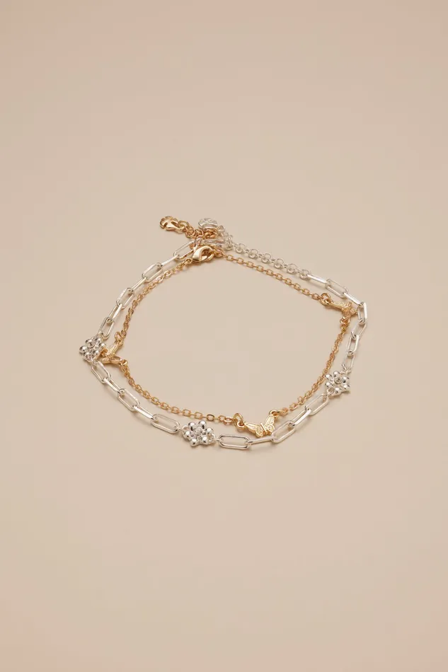 Lucky Brand Jewelry Women Flower And Butterfly Chain Anklet Set Two Tone