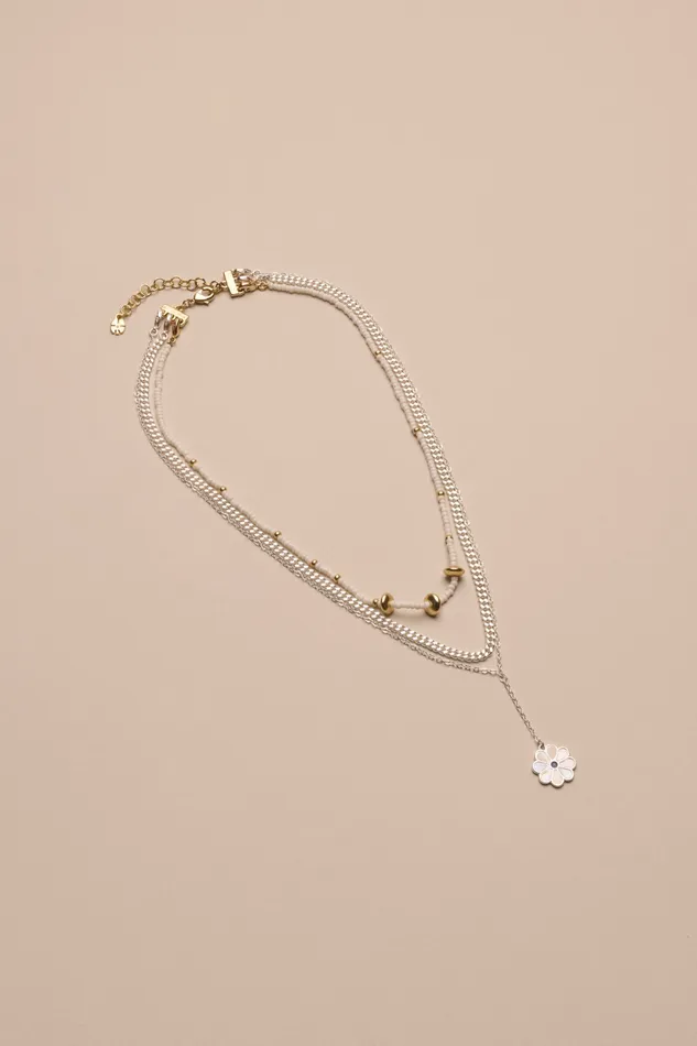 Lucky Brand Jewelry Women Inlay Daisy Beaded Layer Neck Two Tone