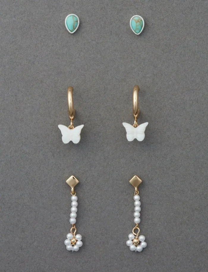 Lucky Brand Jewelry Women Pearl And Butterfly Earring Trio Two Tone