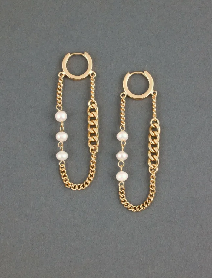 Lucky Brand Jewelry Women Pearl And Chain Hoop Gold
