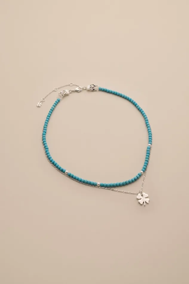 Lucky Brand Jewelry Women Turq Beaded Clover Layer Necklace Silver