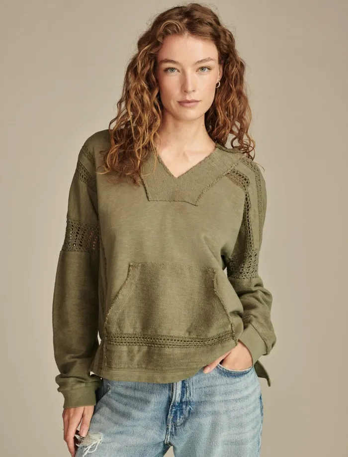 Lucky Brand Knit Tops Women Crochet Trim Baja Hoodie Dusty Olive