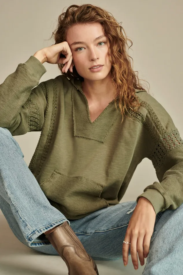 Lucky Brand Knit Tops Women Crochet Trim Baja Hoodie Dusty Olive