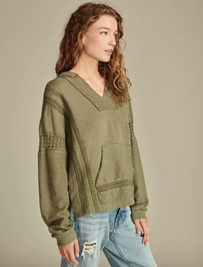Lucky Brand Knit Tops Women Crochet Trim Baja Hoodie Dusty Olive