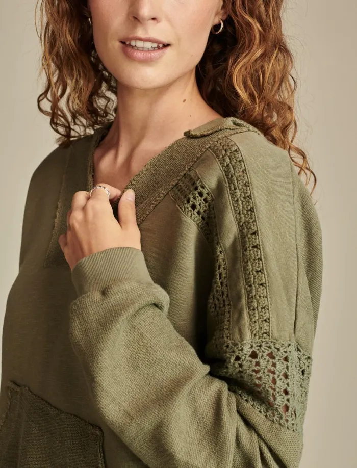 Lucky Brand Knit Tops Women Crochet Trim Baja Hoodie Dusty Olive