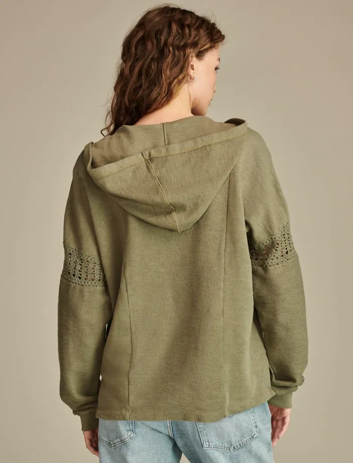 Lucky Brand Knit Tops Women Crochet Trim Baja Hoodie Dusty Olive