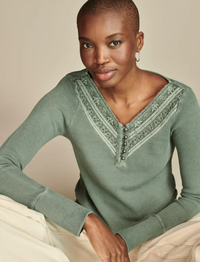 Lucky Brand Knit Tops Women Embroidered Mesh Yoke Henley Balsam Green