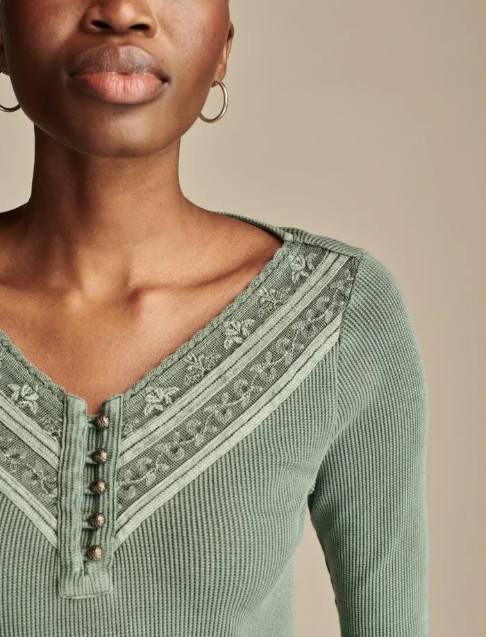 Lucky Brand Knit Tops Women Embroidered Mesh Yoke Henley Balsam Green