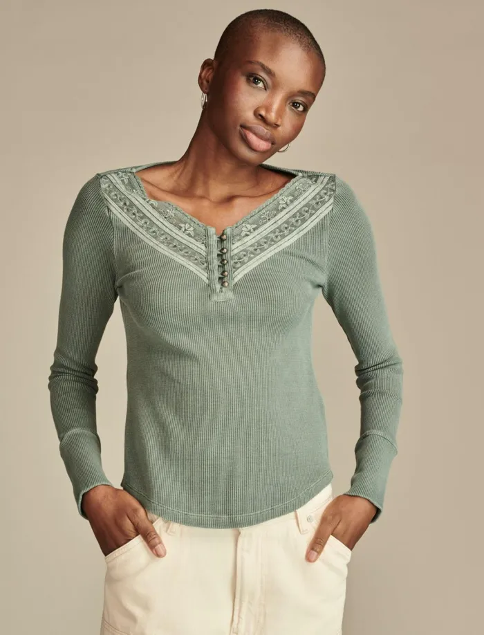Lucky Brand Knit Tops Women Embroidered Mesh Yoke Henley Balsam Green