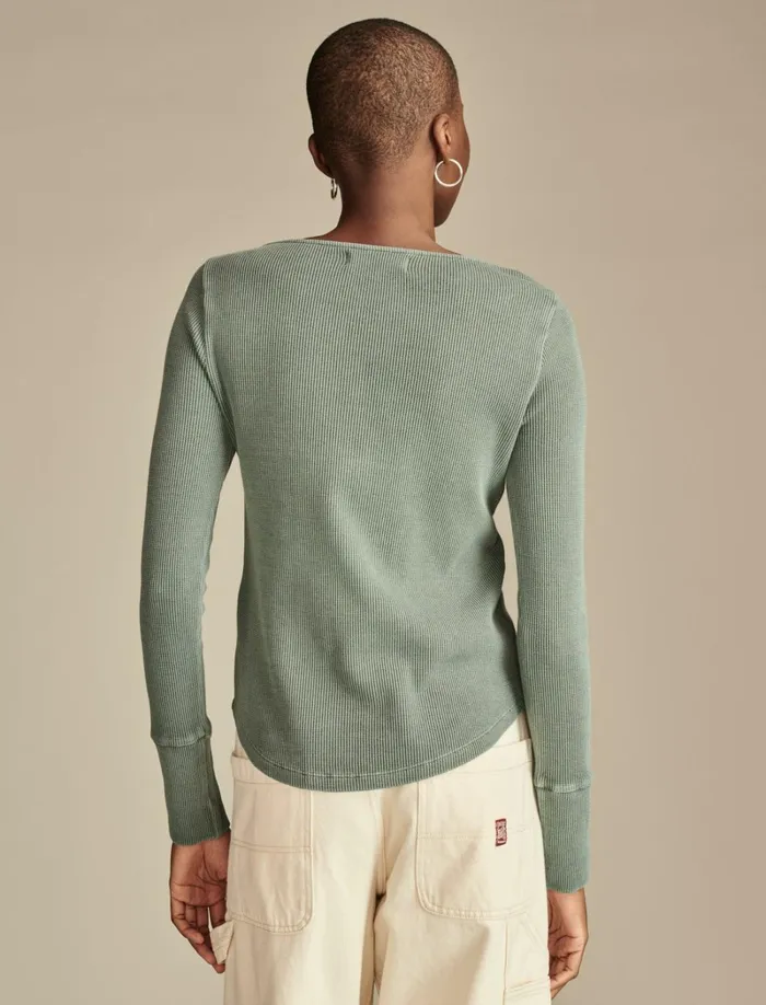 Lucky Brand Knit Tops Women Embroidered Mesh Yoke Henley Balsam Green